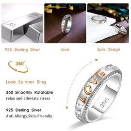 BELLNA Fidget Ring for Anxiety for Women 925 Sterling Silver Relieve Spinner Rings Eternal Love Band Ring ADHD Autism Stress Relieving for Women Mom Men