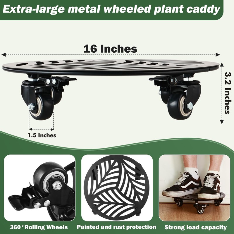 1 Pack 16 inches Extra-large Metal Plant Caddy with Wheels