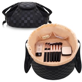 FANGENKE Drawstring Makeup Organizer,Lay Barrel Makeup Bag Cosmetic Bag Toiletry Bag for Travel,Portable Waterproof Make Up Bags for Women Brush Toiletries Accessories (Black Checkerd, Large)