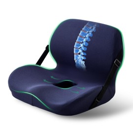 FuturaLoom Ergonomic Seat Cushion for Sciatica Relief & Long Driving - Memory Foam Back Support with Adjustable Strap, Non-Slip Base & Removable Mesh Cover - Office, Car (Navy Blue)