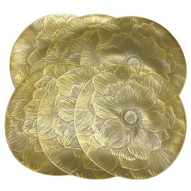 15" Round Metallic Gold Placemats Set of 6, Easy-to-Clean Washable Non-Slip PVC Table Mats, Elegant Table Decor for Weddings, Thanksgiving & Christmas - Flattened & Odor-Free Design (Golden Flower)