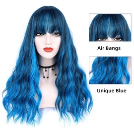ENTRANCED STYLES Blue Wig with Bangs Long Wavy Blue Wig with Air Bangs Synthetic Wigs for Women Curly Wigs for Daily Party Cosplay (24 inch)