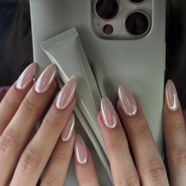 Almond False Nails Medium - 24pcs Chrome Light Pink Press on Nails - Aurora Pearl Glazed Spakly Glitter Fake Nails with Glue - Shimmer Oval Stick on Nails Full Cover Acrylic for Women Girls Daily Wear