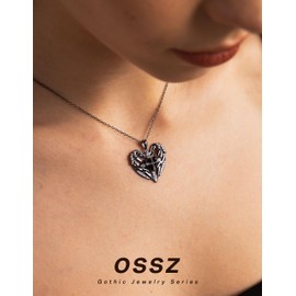 OSSZ Angel Wings Heart Pendant Necklace - Gothic 925 Sterling Silver Women's Jewelry Cross Birthstone Christmas Valentine's Day Mother's Day Anniversary Birthday Jewelry Gift for Wife or her