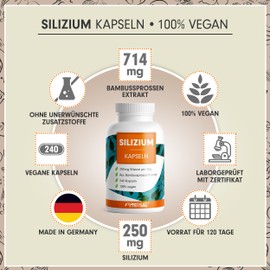 Silicon High Dose 720 Capsules - 714 mg Silicon-Rich Bamboo Sprout Extract with 536 mg Silica, of which 250 mg Elementary Silicon per Day - Laboratory Tested with Certificate - Supply for 360 Days
