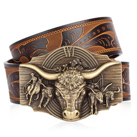 BISON DENIM Western Leather Belt for Men Women Cowboy Cowgirl Mens Buckle Belt for Jeans, Country Belt, Ideal Men's Gifts