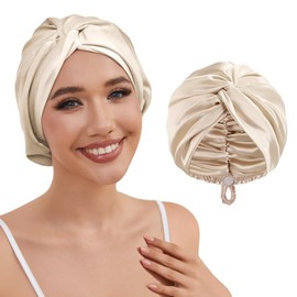 HFRHTGY Adjustable Silk Satin Hair Bonnet for Sleeping Women Hair Wrap, Double Layer Night Turban, Sleep Cap for Natural Curly Straight Unisex - Champagne