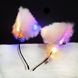 YOVECATHOU Light Up Headband Cat Ears With Bell Furry Headband Rave Accessories For Women Girls Valentine's Day Party Costume (Colourful)