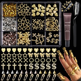 YAEISM 380PCS Gold Nail Charms 12 Grids Nail Spikes 3D Star Nail Charms Punk Cross Charms Sparkly Heart Dollar Sign Nail Charms with Glue Gel,Tweezer for Nail Art
