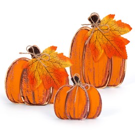 Whaline 3Pcs Fall Wooden Table Signs Retro Pumpkin Maple Leaf Tabletop Decor Rustic Pumpkin Wood Sign Thanksgiving Table Centerpiece with Hemp Rope for Autumn Harvest Farmhouse Tiered Tray Decor