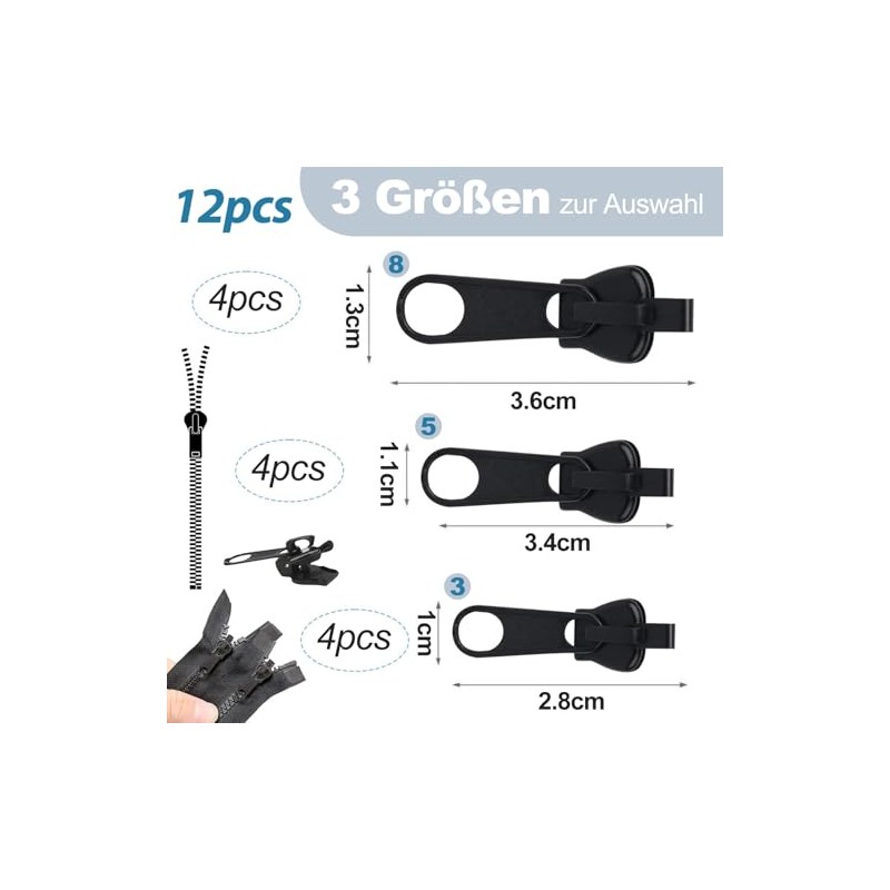 Zip Repair Set Replacement, 3 Sizes Removable Zip Replacement Zip