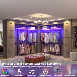 Aheaplus Industrial Pipe Clothing Rack, Reversible 79.7'' Clothes Rack for Hanging Clothes, Heavy Duty Garment Rack Closet Wardrobe Rack with LED Lights& Shelves, Walk-in Closet System, Rustic Brown