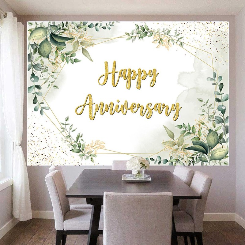 7x5ft Greenery Theme Happy Anniversary Backdrop Green Leaves Gold Glitter