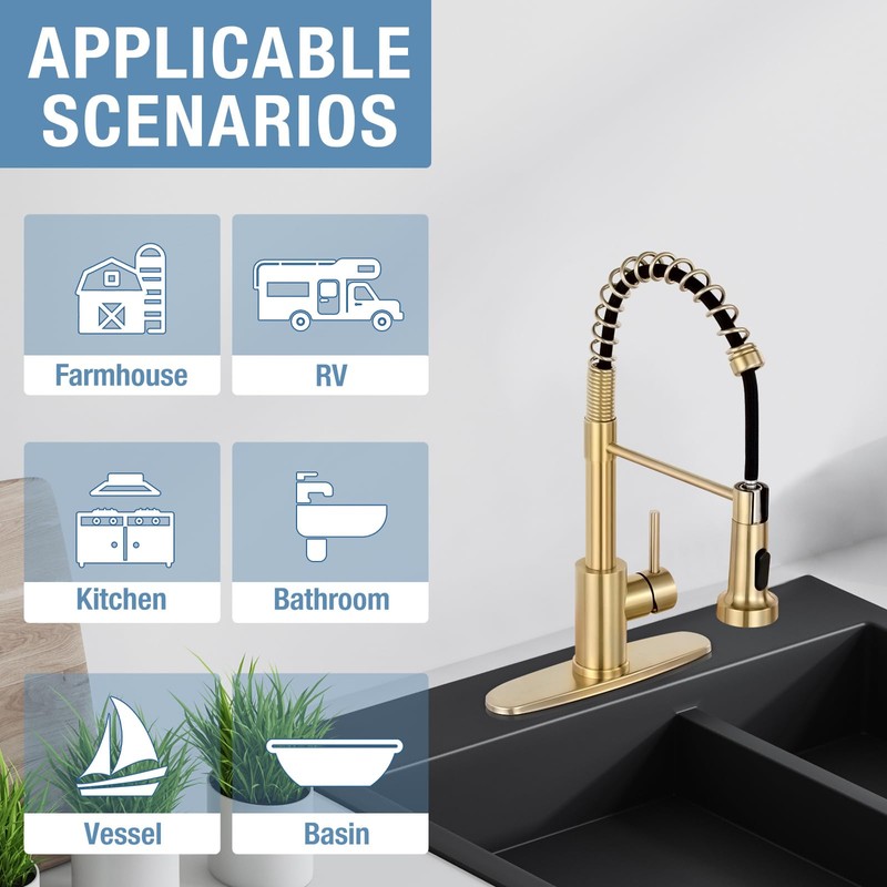 DJS Kitchen Faucets with Pull Down Sprayer Brushed Gold -Single