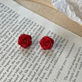 Red White Rose Flower Stud Dangle Earrings for Women Resin 3D Floral Carved Rose Flower Earrings For Women-2Pairs Stud
