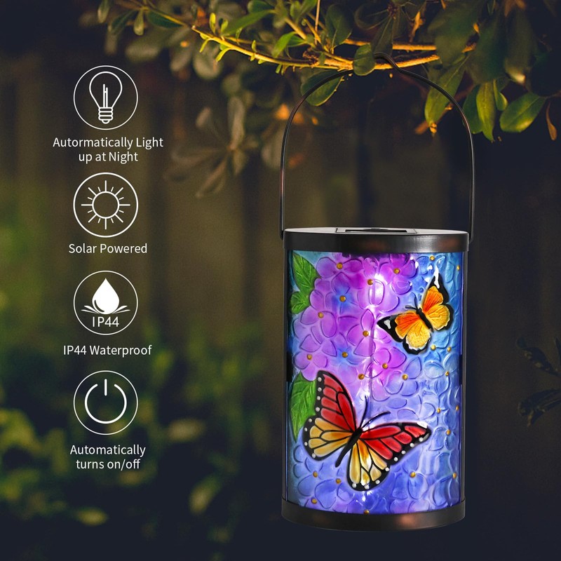Afirst Solar Lantern Outdoor Hanging Glass Butterfly Solar Lights Waterproof