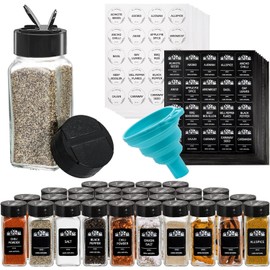 Tebery 30 Pack Glass Spice Jars Square Glass Bottles with Black Caps, 4oz Empty Spice Containers Shakers Complete Organizer Set Includes Wide Funnel and Labels