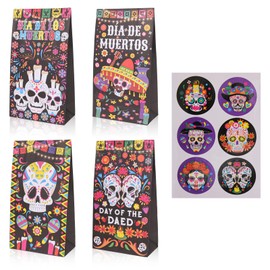 Konsait 12 Pack Dia De Los Muertos Treat Bags Sugar Skull Day of the Dead Gift Bags with Stickers Dia De Los Muertos Candy Bags Goodie Bags Day of the Dead Party Favor Bags
