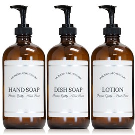 Artanis Home Amber Refillable Hand, Dish, Lotion Dispenser Set with Pumps for Kitchen Sink - Glass Boston Round Bottles - Waterproof Labels - 16 oz - 3 Pack