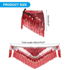 MECCANIXITY Belly Dance Hip Scarf with Tassels Sequins Women's Gradient Triangle Wrap Skirt with Coins for Music Festival Party Costume Performance(Red)