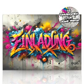 brint.® 12 x Invitation Cards Children's Birthday Boy & Girl Graffiti Cheeky Design with Cool Back Birthday Invitations for Party Invitations for Boys Birthday Children