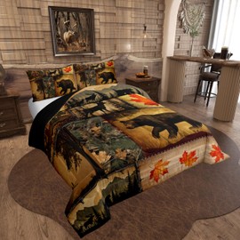 Erosebridal Rustic Farmhouse Comforter Set Queen Size,Retro Cabin Lodge Bedding Set,Western Christmas Wild Animals Down Comforter,Country Maple Leaves Dead Branches Duvet Insert,Woodland Rv Quilt
