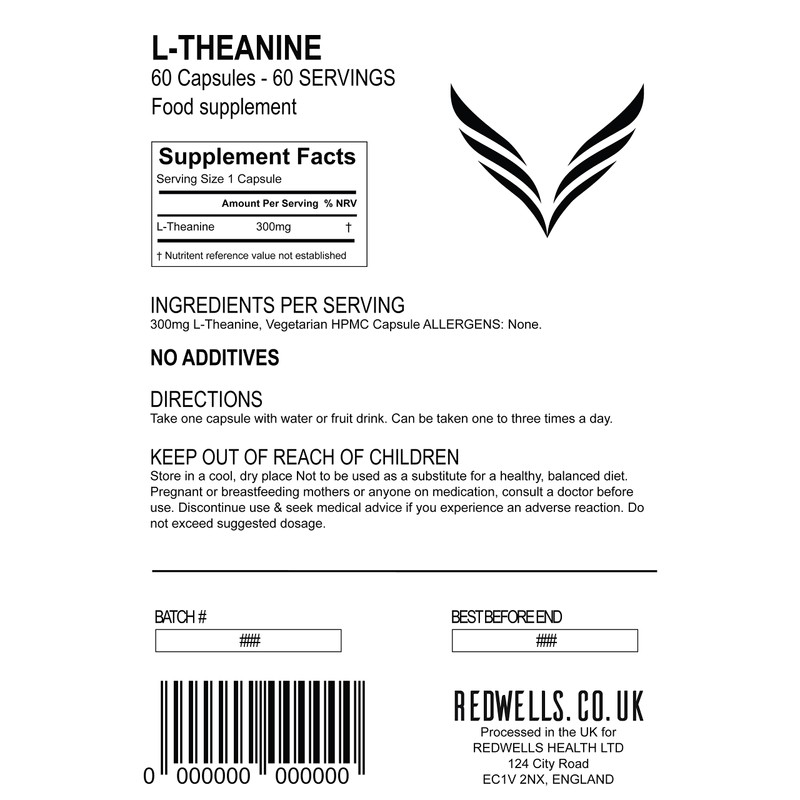 L-Theanine Capsules REDWELLS Anxiety Stress No Additives Strong 300mg -
