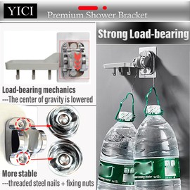 YICI Adjustable Handheld Shower Head Holder- Wall Mount Shower Soap Dish with 3 Hooks, Strong Adhesive Shower Bracket, Made from POM Material, Silver