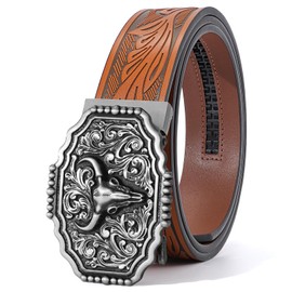 SANSTHS Ratchet Cowboy Belt, Western Ratchet Belts for Men Ratchet Western Belt with Automatic Cowboy Buckle, Silvery Bull/Brown