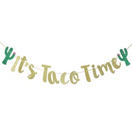 It's Taco Time Banner Bunting Sign for Mexican Fiesta Themed Birthday Bachelorette Wedding Party Decor Props Backdrop (Gold Glitter)