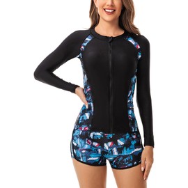 FEOYA - One Piece Swimsuits for Women Athletic Swimwear Long Sleeve Sun Protection Front Zip Surf Suit Wetsuit Beachwear Rash Guard