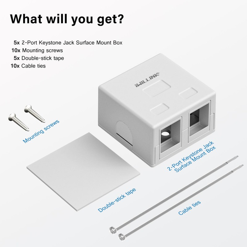iwillink 2-Port Keystone Jack Surface Mount Box, White 5-Pack