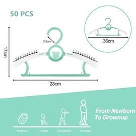 HGYZE Kid Hangers for Closet 50pcs, Green Infant Clothes Hanger 11-14" Adjustable Plastic Baby Coat Hangers with Bear Hook, Non-Slip Children Outfit Hangers for Boy Toddler Newborn Teen Clothing