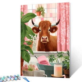 Pink Bathroom Anmial DIY Paint by Numbers for Adults Cute Cow in Bathtub Funny Room Decor Green Plants DIY Oil Painting Acrylic Paint Art Graffiti Painting Kit Canvas 16x20 Inch（without Frame ）