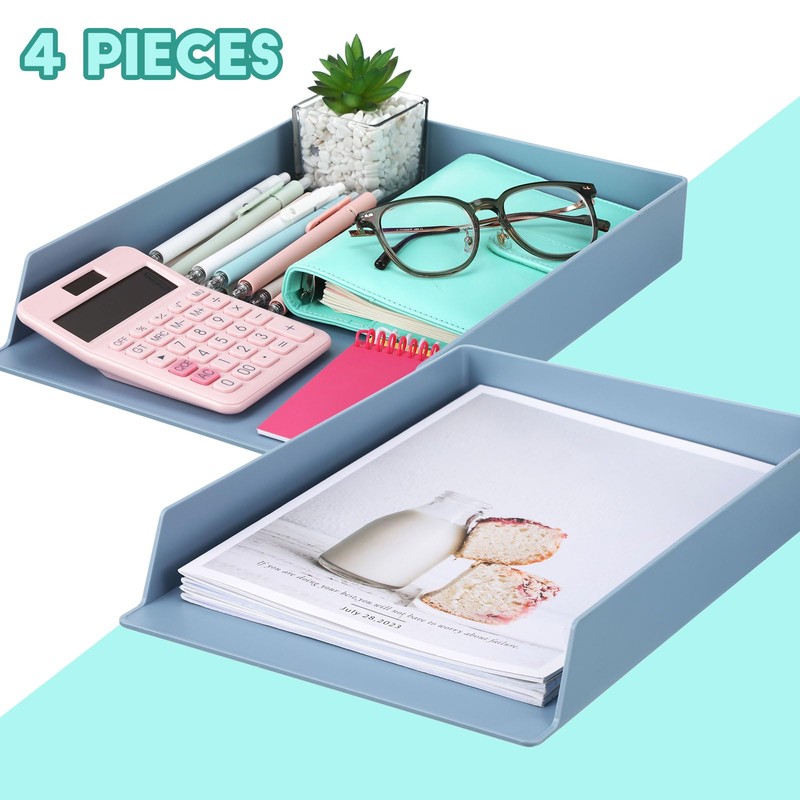 TecUnite 4 Pieces Stackable Letter Trays Blue Rectangular Stackable Office