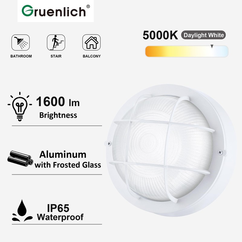 GRUENLICH 8'' Round LED Bulkhead Light, Outdoor Wall Lights Dimmable,