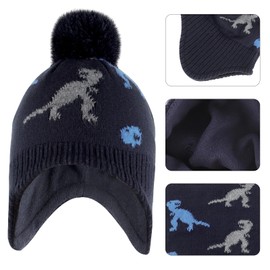 LACOFIA Baby Boys Winter Hat and Collar Scarf Set Knit Toddler Earflaps Beanie Kids Warm Fleece Lining Hat with Pompom, 2 Pack Navyblue Dinosaur 6-12 Months S