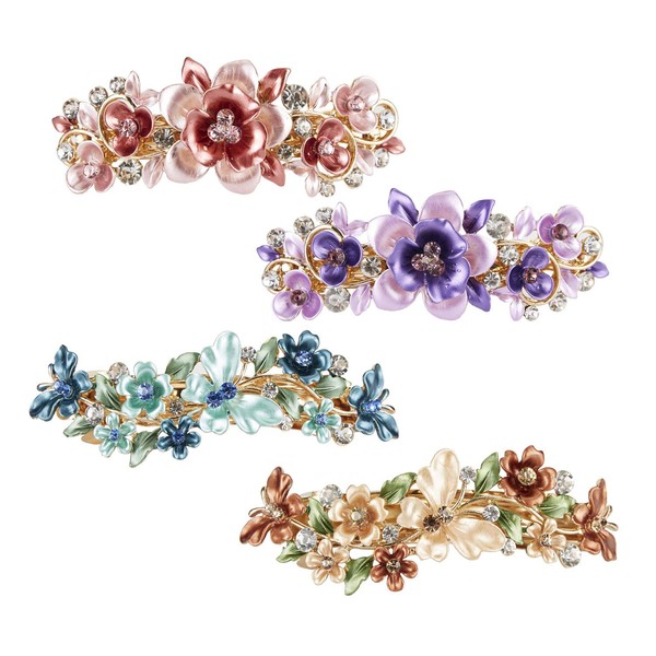 4 Pack Fancy Delicate Floral Butterfly Leaf Jeweled Gems Rhinestone Glitter Sparkly Metal Hair Clips Snap Barrettes Grip Hairpins Clamp Thick Hair Ponytail Holder Bun Chignon Accessories for Women