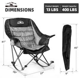 Tisetrail Oversized Rocking Camping Chair, Fully Padded Camp Chairs for Adults with Side Pocket and Cup Holder, Heavy-Duty 400lbs Capacity, Black & Gray