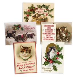 Cats and Kittens Vintage Retro Victorian Cute Christmas Card with Envelope (Set of 5 Cards #2)