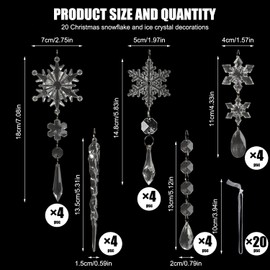 20pcs Crystal Christmas Ornaments, Hanging Acrylic Snowflake Icicle Ornaments with Drop Pendants, Christmas Tree Decoration Crystal Ornaments, for Christmas Tree Winter Party Decorations