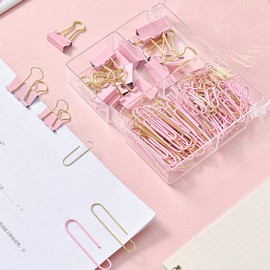 Buer Homie Paper Clips Binder Clips Office Stationery Set, 4-Grid Box (Pink)