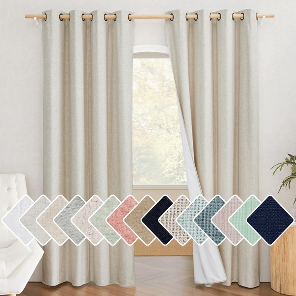 NICETOWN Natural 100% Blackout Linen Curtains 84 inch Long Burg for Living Room, Farmhouse Thick Completely Bedroom Thermal Insulated Drapes Window Treatment Panels (1 Pair, 52" Width Each Panel)