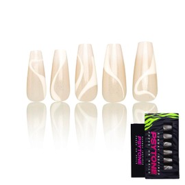PSYTONE Press On Nails Long Coffin Fake Nails with Glue, 24Pcs Nail Kit-12 Sizes Runway Nails(White Waves)