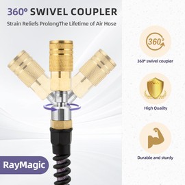 RayMagic Air Compressor Hose 1/4 Inch x 100 Feet Flexible Reinforced Polyurethane (PU) Air Hose 300PSI With Brass Fittings, Strain Reliefs, 1/4" 360 Swivel Coupler and Plug, Safety Coupler, Purple