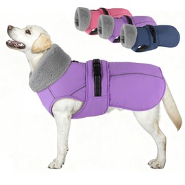 PETDSH Dog Coat Large, Windproof Dog Jacket with Warm Fleece Lining, Thickened Collar Dogs Winter Coat, Adjustable Reflective Pet Coats for Cold Weather (Purple, XX-Large)