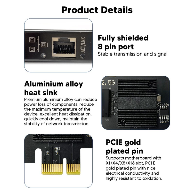 PCIe Network Card 10/100/1000/2500Mbps Gold Plated Pin Aluminium Alloy Gigabit