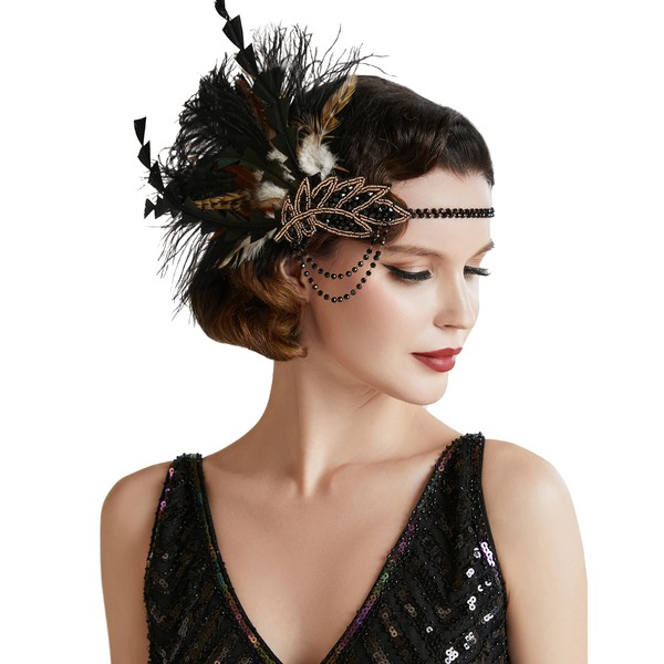BABEYOND Feather Headpiece Sequined Showgirl Flapper Headband 1920s Accessories (style 1)