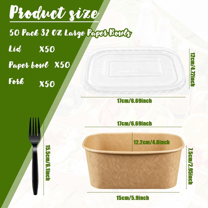 TINSKY 50 Pack 32 Oz Large Paper Bowls with Lids
