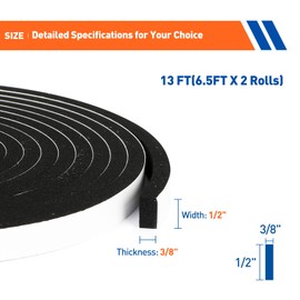 MAGZO Weather Stripping Door Seal, 1/2 Inch Wide X 3/8 Inch Thick Adhesive Foam Tape Soundproof Weatherstripping for Windows, 2 Rolls Total 13FT Black